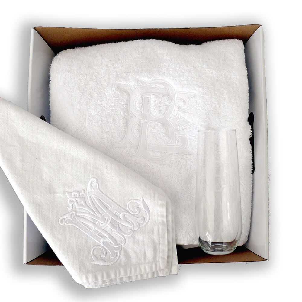 Monogrammed Gift Package Embroidered Towel Engraved Champagne Flute Embroidered Table Linen